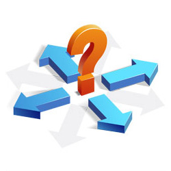 Three Dimesional Objects: Standing Orange Question Mark Surrounded by four blue arrows pointing away at 90 degree angles. In between each blue arrow is a gray shadow arrow, also pointing away from the question mark.