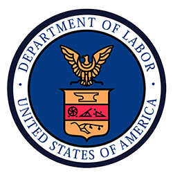 Official Seal of the U.S. Department of Labor: stylized eagle with spread wings over a crest with symbols inlcuding an anvil and plow