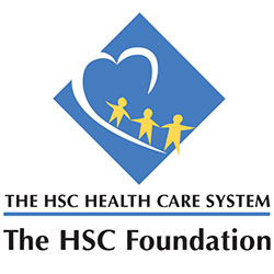 Logo: The HSC Health Care System: The HSC Foundation (blue diamond with a stylized white heart and three yellow human sillhouettes holding hands)